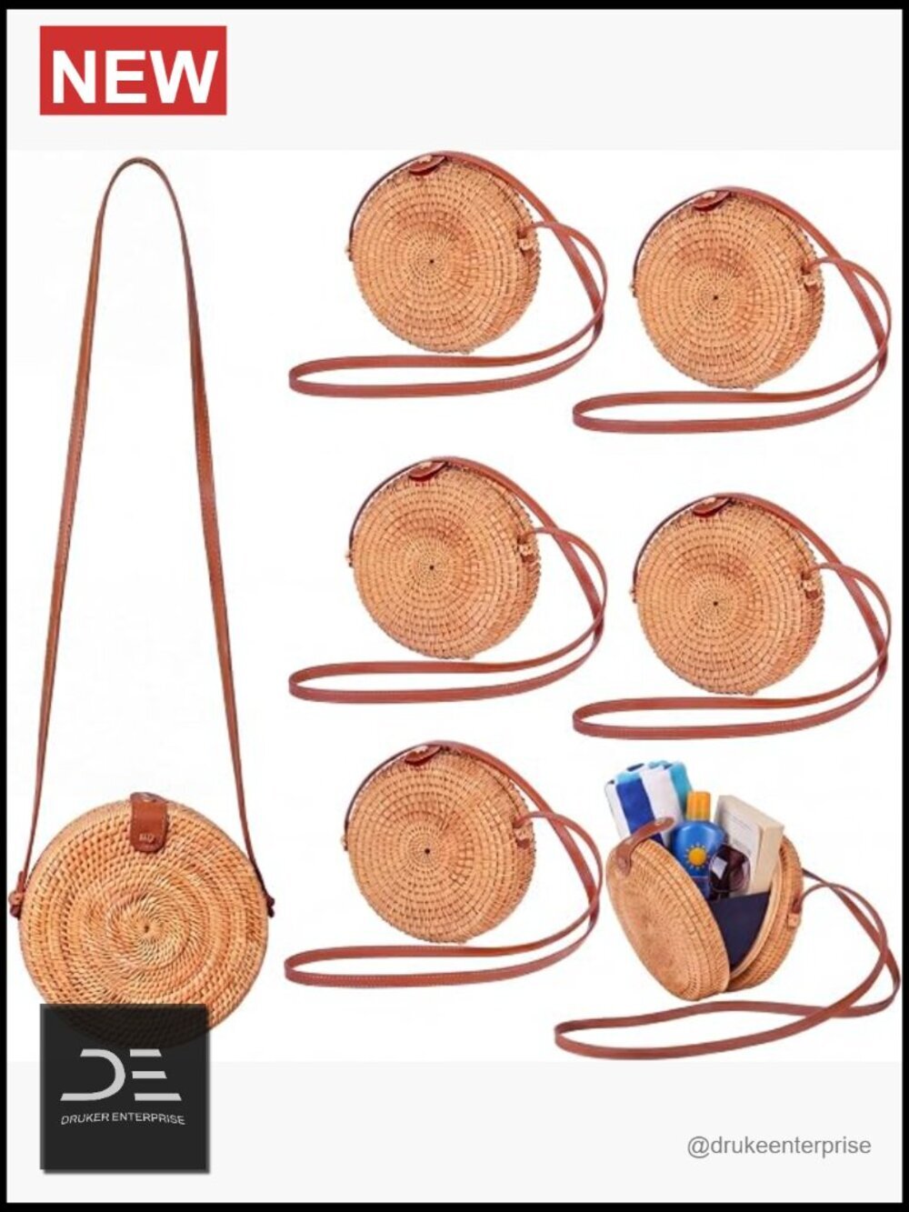Boho Rattan Crossbody Bag with Adjustable Strap Lightweight Round Purse